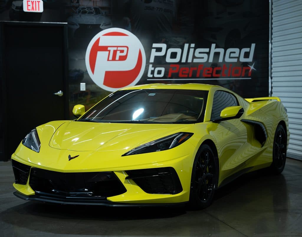 Ceramic coated yellow Corvette C8 in the studio