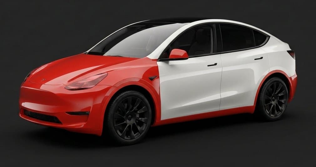 Track Pack PPF coverage on a Tesla Model Y: Front bumper, Hood, Fenders, Mirrors, Headlights, Rocker panels, A-pillars, Front of the roof shown in red