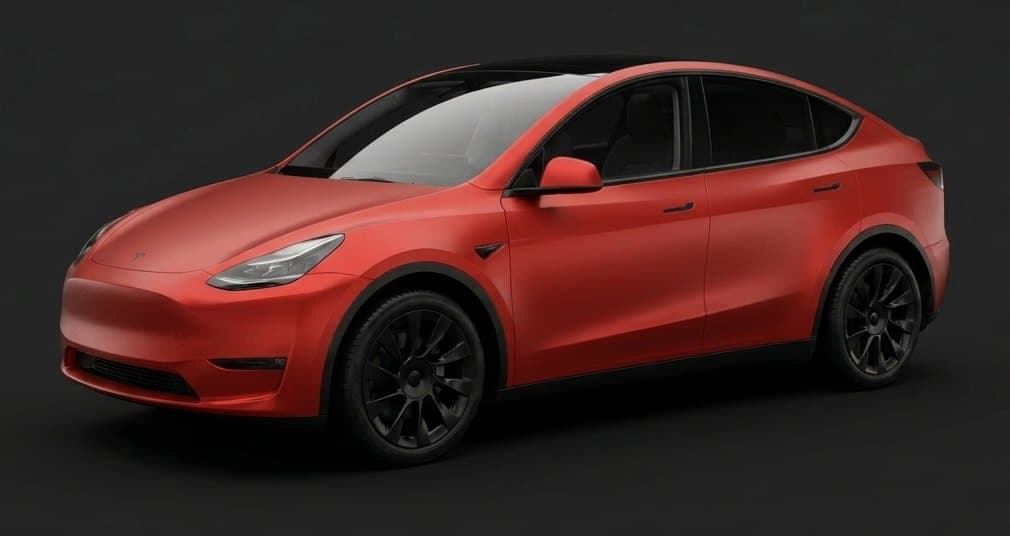 Full Stealth matte PPF coverage on a Tesla Model Y: Front and rear bumpers, Hood, Fenders, Doors, Rocker panels, Rear quarter panels, Roof pillars, Mirrors, Headlights shown in red