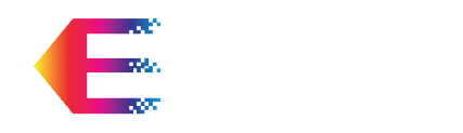 A stylized letter E in a gradient of yellow, red, and blue, with pixelated edges fading to the right on a black background.