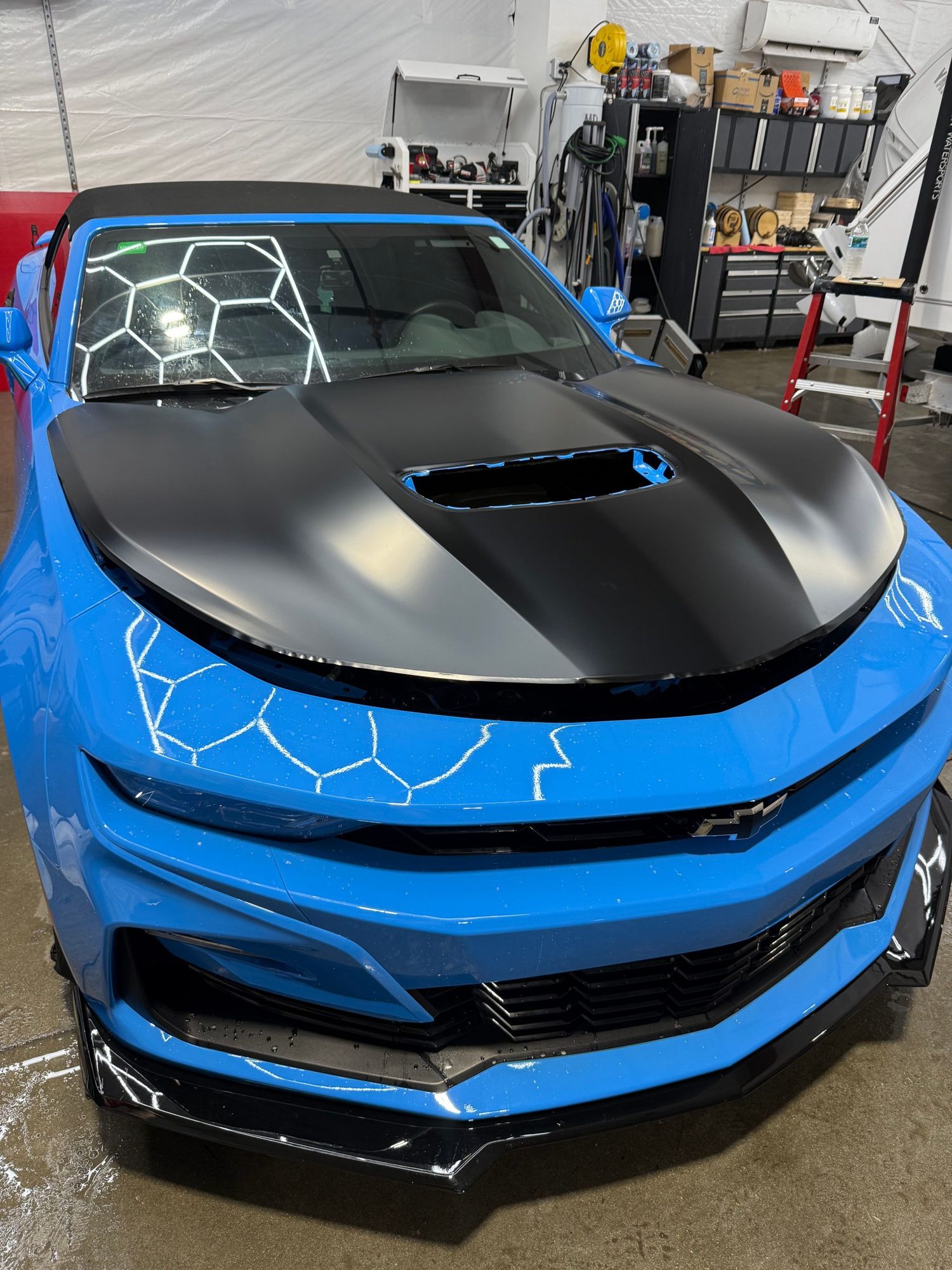 A Camaro with a contrasting black film hood